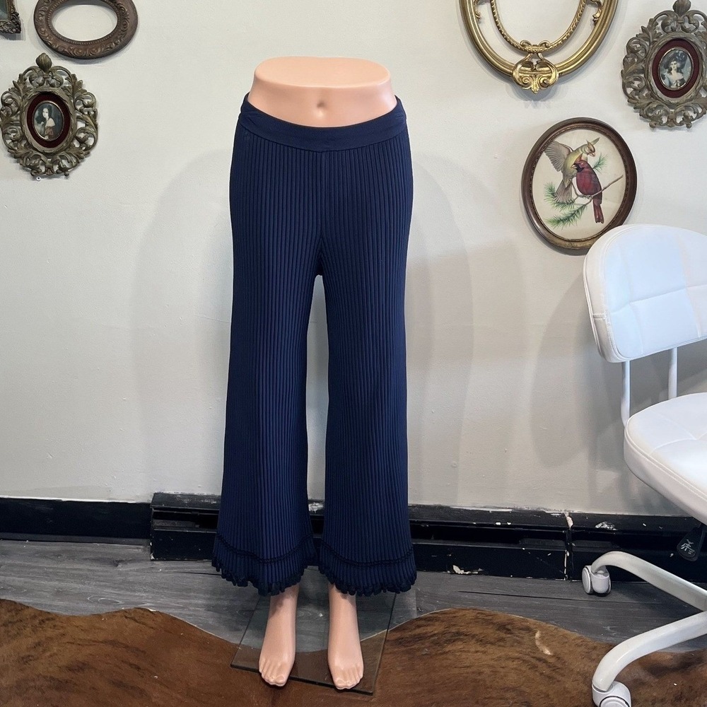 Theory Women's Navy Blue Ribbed Knit Wide Leg Ruffle Hem Pants Size M